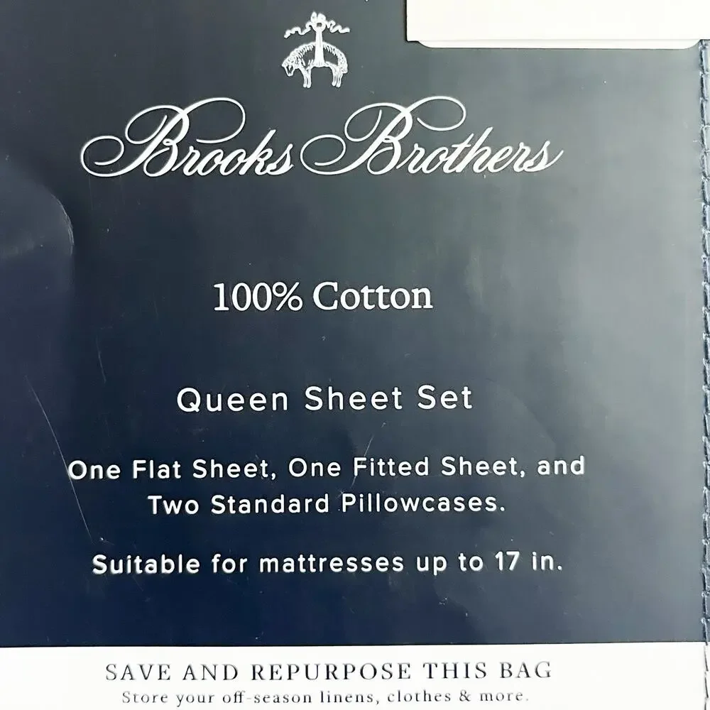 NEW Brooks Brothers 100% Cotton Sheet Set - White Black Gray Stripe, Queen Size